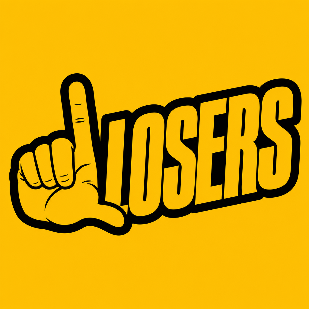 The Losers wordmark: a cartoon hand throwing an L next to heavy uppercase lettering, black on mustard yellow.