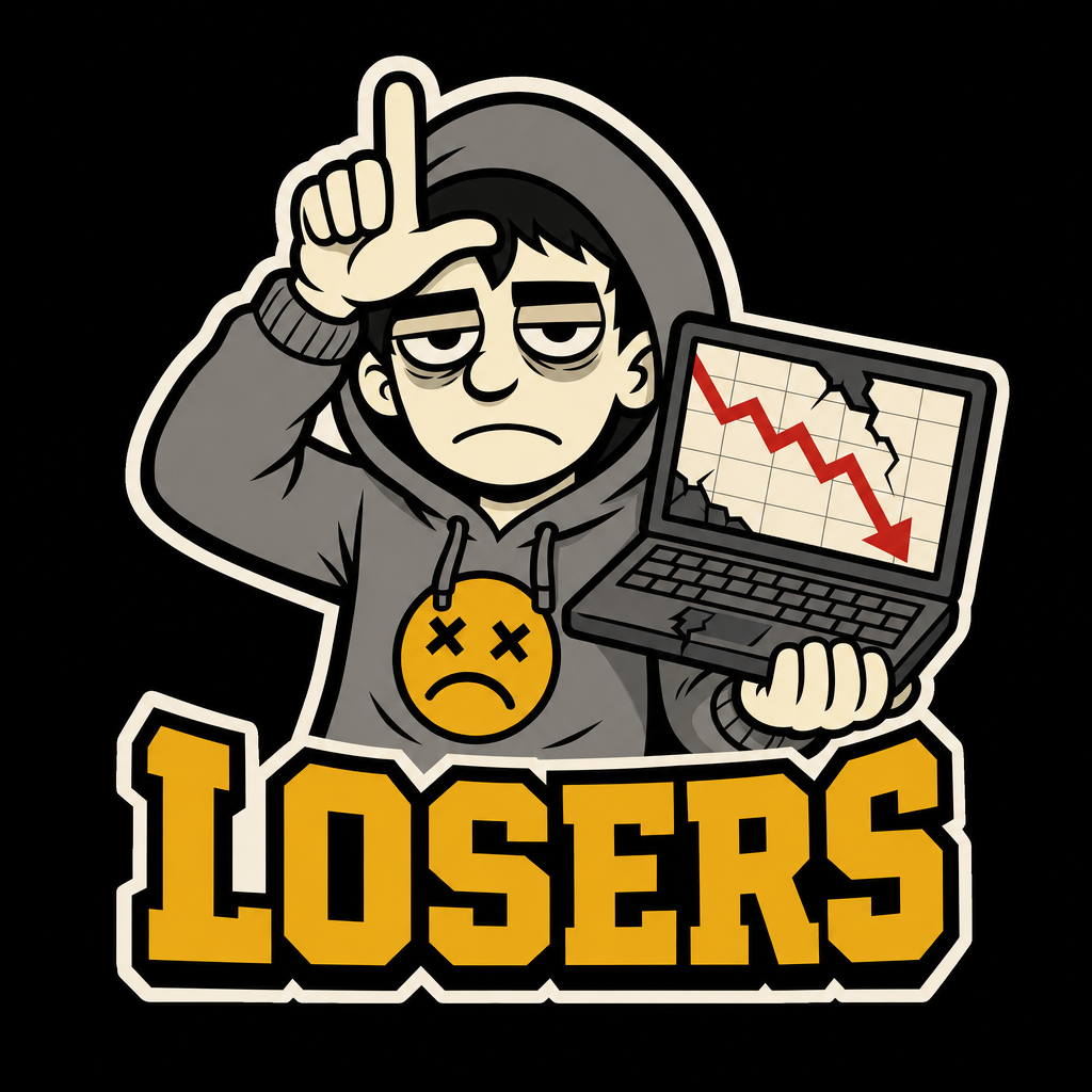The Losers mascot: a hooded figure holding an L to their forehead, carrying a cracked laptop with a red line falling off the chart.